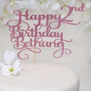 Happy 2nd Birthday Bethany pink glitter sparkle cake topper