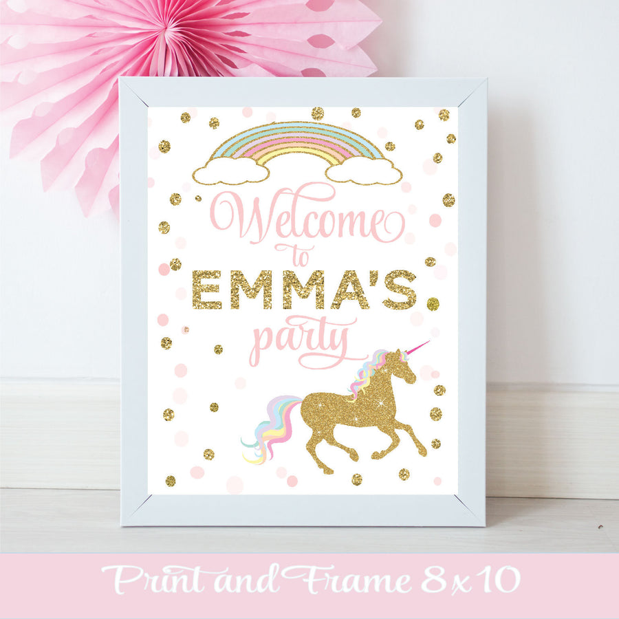 Welcome to Emma's Party gold sparkle unicorn and rainbow digital download