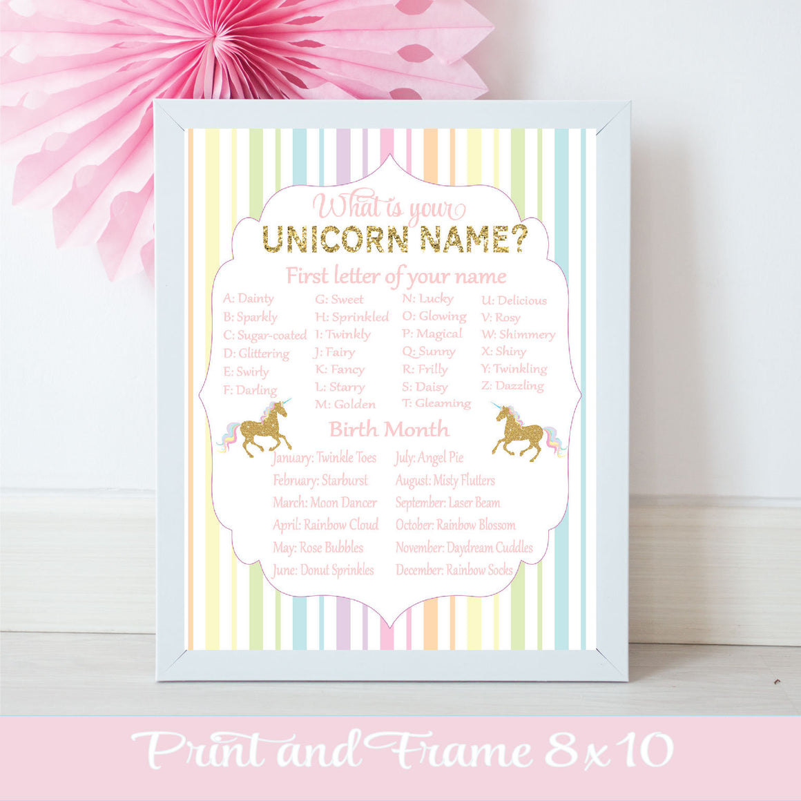 Unicorn Name chart with letters and birth months to discover your unique Unicorn name for birthday party