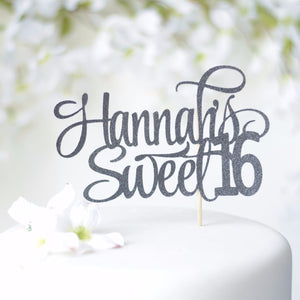 Hannah's sweet 16 black cake topper with sparkly glitter
