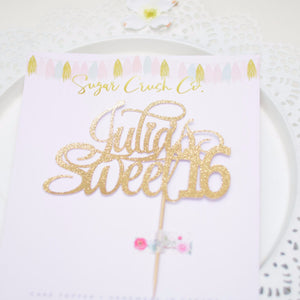 Julia's sweet 16 gold sparkle cake topper on Sugar Crush Co. paper