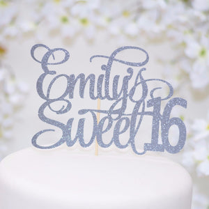 Emily's sweet 16 grey sparkle cake topper on white cake