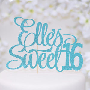 Elle's sweet 16 teal coloured sparkle cake topper