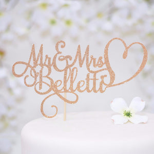 Mr and Mrs Belletti gold sparkle glitter cake topper