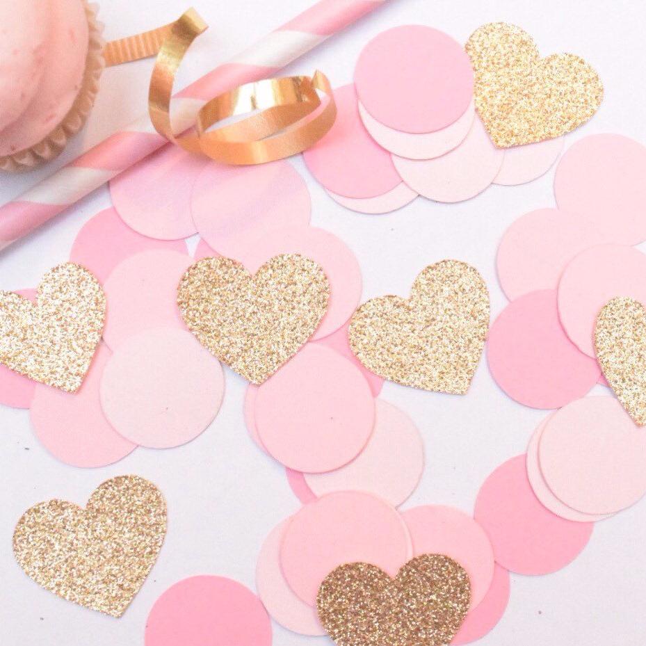 pink gold hearts and pink confetti decorations