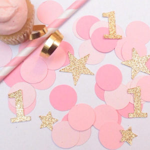 Gold sparkly 1 and star and pink circle confetti
