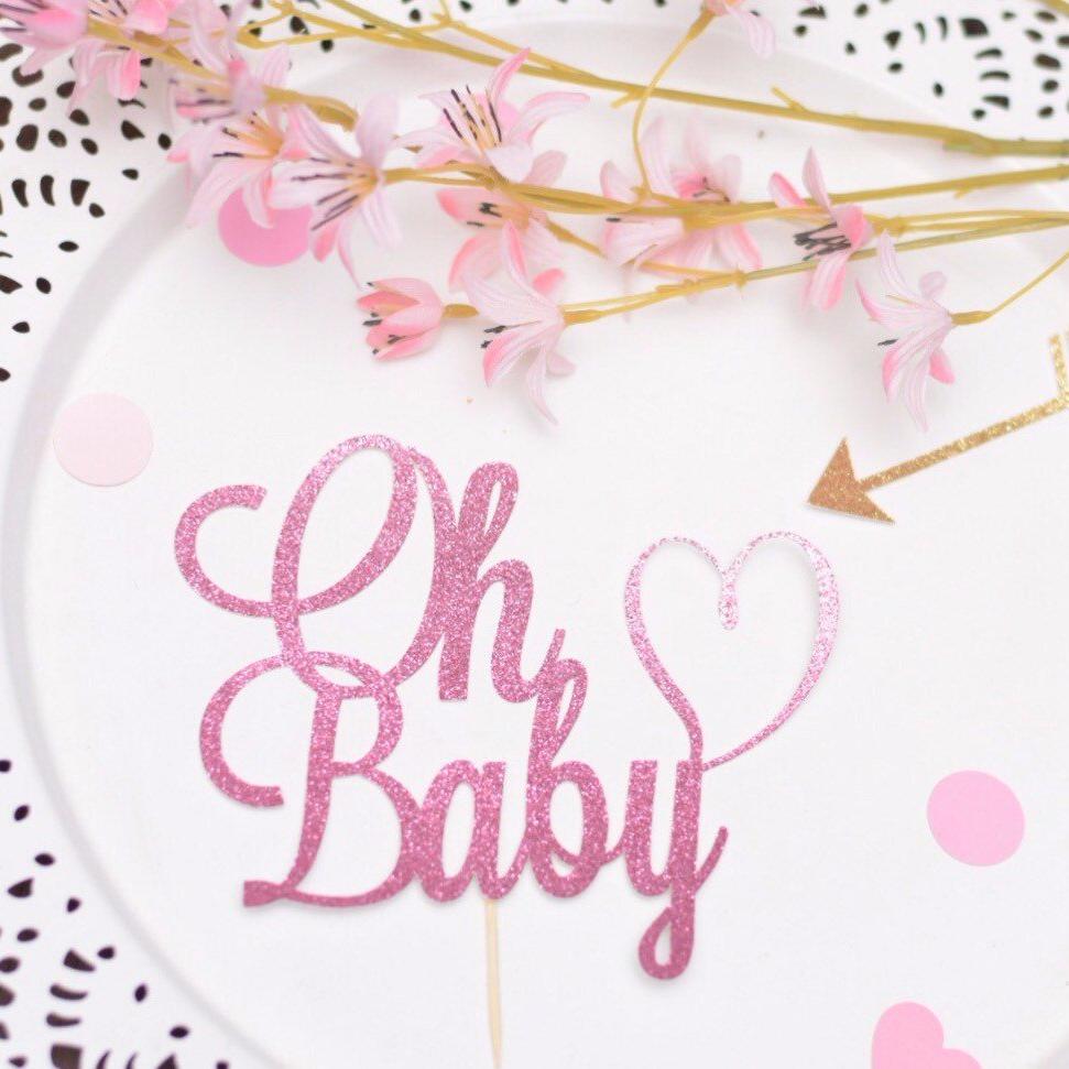 Oh Baby pink glitter sparkle heart cake topper 
