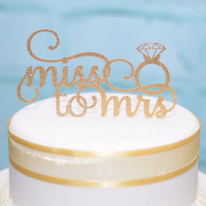miss to mrs gold sparkle cake topper with diamond ring details