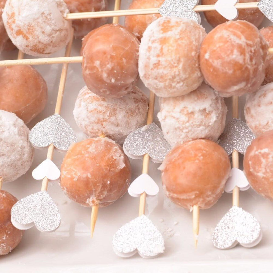 gold sparkle and pink heart mini donut skewers donut decoration