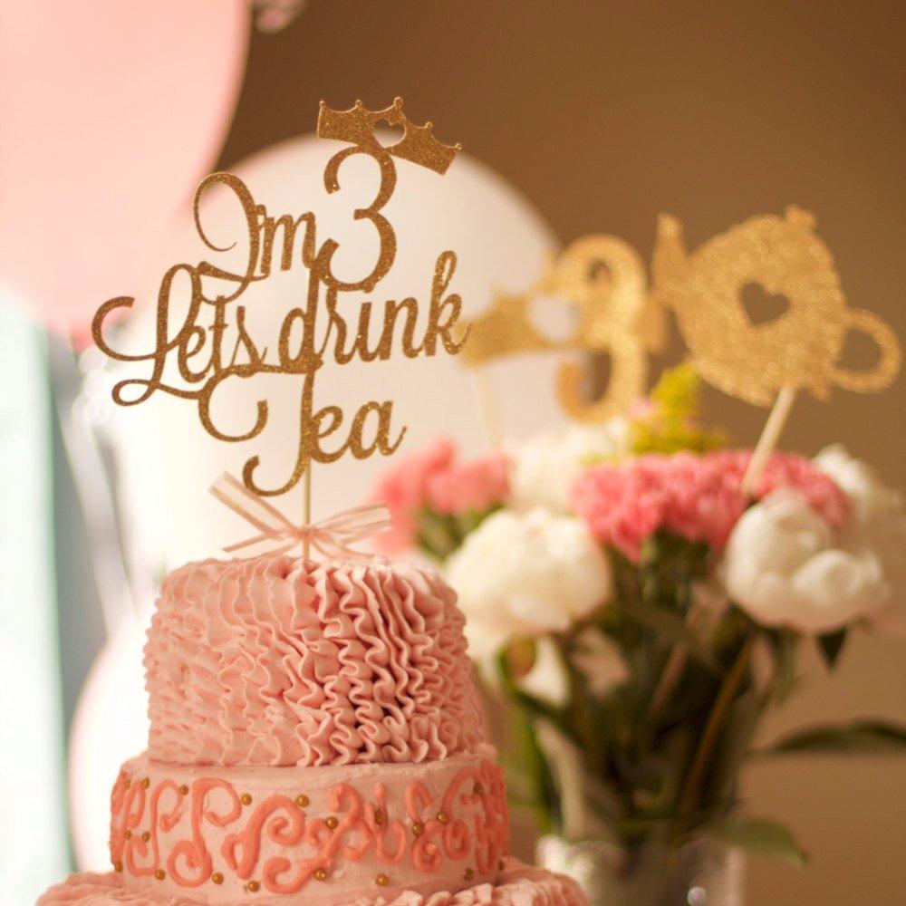 I'm 3 Lets drink tea with crown cake topper on pink frilly cake