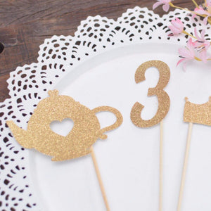 Number 3 and teapot sparkly glitter cake toppers