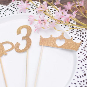 Number 3 and crown with heart sparkly gold glitter cake toppers