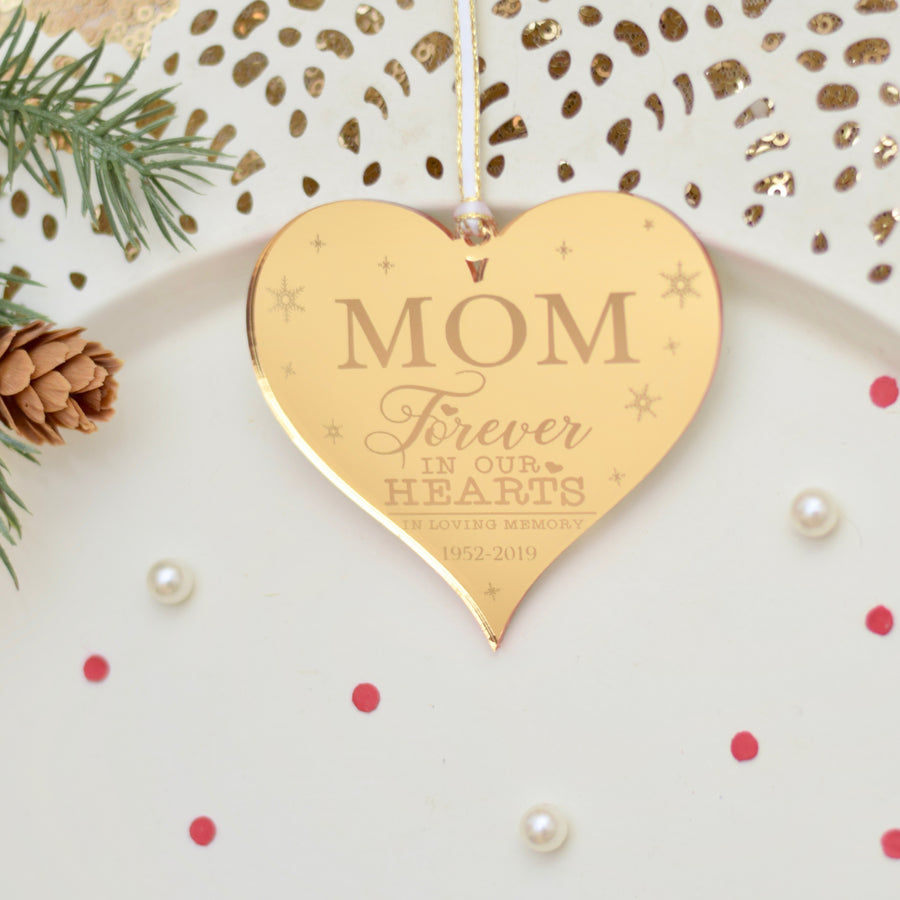 Memorial ornament for Mom on a white plate with Christmas greenery
