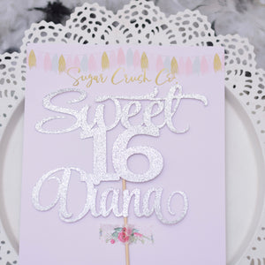 silver Sweet 16 Diana displayed on a white cake plate