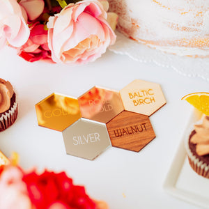 Finishes for cake toppers: gold, rose gold, birch, silver, walnut