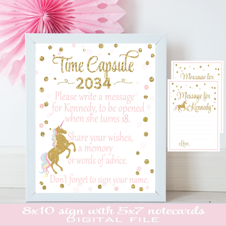 Time capsule sign for unicorn birthday in a white frame with note card for writing