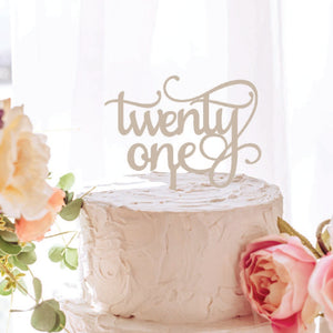 Twenty one cake topper for 21st birthday on a white cake and peonies
